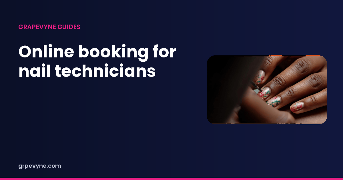 Page header reading Online booking for nail technicians, beside a close-up of floral nail art being painted.